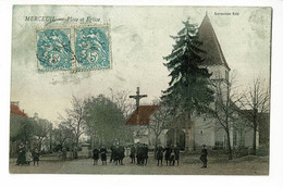 Merceuil - Place Et Eglise (animation, Calvaire) Circulé 1909, Cachet Facteur Boitier Chaudenay (71) - Other Municipalities