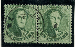 BELGIQUE - COB 13  - 1C VERT MEDAILLON 12,5 X 12,5 PAIRE OBLITEREE - 1863-1864 Médaillons (13/16)