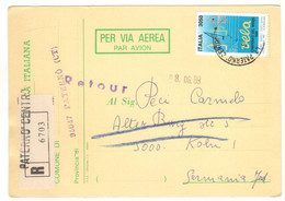 J61   Vela £.3050 Isolato Su Cartolina Raccomandata Paternò Via Aerea Per Koln Germania 1989 - 1981-90: Marcofilie