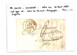 89 - YONNE - AUXERRE - Lettre Du 22/8/1843  Cad Type 13 - Taxe Manuscrite ( Voir Scan  ) TB-lettre De Monnot -autographe - 1801-1848: Precursors XIX