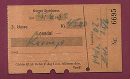 290422B - TICKET TRANSPORT METRO CHEMIN DE FER TRAIN TRAMWAY - NORVEGE LONSDAL Kr 45.80 25.6 1952 3 Klasse - Europe