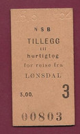 290422B - TICKET TRANSPORT METRO CHEMIN DE FER TRAIN TRAMWAY - NORVEGE NSB TILLEGG  LONSDAL 00803 5.6 1952 - Europe