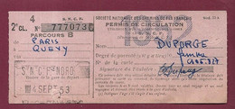 290422B - TICKET TRANSPORT METRO CHEMIN DE FER TRAIN TRAMWAY - SNCF NORD 2e Cl PARIS QUEVY 1952 4 SEPT 53 - Europa