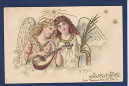 CPA Ange Angel Noël Circulé Gaufrée Embossed Mandoline - Anges