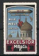 Reklamemarke Excelsior, Mb & Co. F., Knabe Streicht Ein Turmdach Von Einem Zeppelin Abgeseilt - Erinofilia