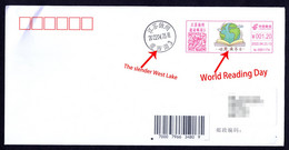 China CX51 Type Color Postage Meter:"World Reading Day",Postal Circulated With "The Slender West Lake" Postmark - Brieven En Documenten