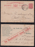 New South Wales Australia 1901 Stationery Postcard Local Use SYDNEY Private Imprint The Manufacturers Agency Limited - Lettres & Documents