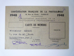 2022 - 2202  Confédération Française De La Photographie  :  CARTE De MEMBRE  1948   XXX - Non Classés