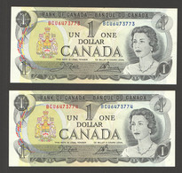 1973   $1  Consecutive Numbers  PAIR Signed Crow / Bouey  UNC - Canada