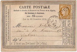 !!! CARTE PRECURSEUR CERES CACHET DE  L'ISLE EN DODON (HAUTE GARONNE) 1874 - Voorloper Kaarten