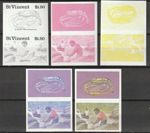 St Vincent 1986 Freshwater Fishing, Crayfishing.  Set Of 5 Imperf Progressive Proofs In Se-tenant Pairs - St.Vincent (1979-...)