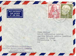 58325 - Bund - 1957 - 1DM Heuss I MiF A LpBf DARMSTADT -> Philadelphia, PA (USA) - Storia Postale