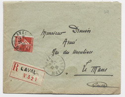 FRANCE SEMEUSE 1FR05 SEUL LETTRE REC LAVAL 22.1.1926 MAYENNE  AU TARIF - 1921-1960: Période Moderne