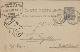CARTE PRECURSEUR. ENTIER SAGE 10c. 1893. PARIS POUR LAFAYETTE. INDIANA. ETATS-UNIS - 1877-1920: Période Semi Moderne