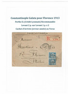 CTN80 - LEVANT FRANCAIS - MOUCHON 1p/25c PERFIN CL PAIRE HOR.REC. CONSTANTINOPLE / FLORENCE 18/9/1913 ERREUR DATE ARRIVE - Covers & Documents