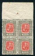 ICELAND 1907 Christian IX And  Frederik VIII 4 A. Block Of 4 MNH / **.   Michel 50 - Unused Stamps
