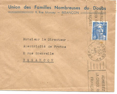 France Enveloppe Cachet à Date 1946 Besançon RP Doubs + Flamme Adhérez à La Croix Rouge Française - 1921-1960: Moderne