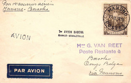 Congo Belge - 1936 - COB 194 Sur Lettre  Oblitération Manono - Pour 1er Courrier Aérien Manono Basoko - Storia Postale