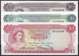 3 Scheine Zu 50 Cents, 1 U. 3 Dollar 1968-74. I. Pick 26a, 28a, 35a. - Bahamas
