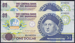2 X 1 Dollar O.D. (1992). Fortlaufende KN. B198552 - B198553.I. Pick 50. - Bahamas
