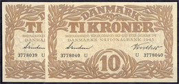 Nationalbank, 2 X 10 Kroner 1943. Fortlaufende KN. 3778039 U - 3778040 U.I- Pick 31o. - Denmark