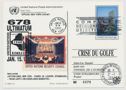 NATIONS UNIES - CPM De New York 1991 - Crise Du Golfe - 678 ULTIMATUM Irak Koweit 15/1/1991 + Vignette - Briefe U. Dokumente