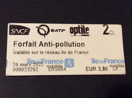 TICKET SNCF RATP OPTILE  Forfait Anti-Pollution - Europa