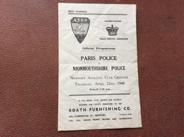 PROGRAMME + PASS OUT  PARIS POLICE A.S.P.P. - MONMOUTSHIRE POLICE Police Athletic Association  RUGBY FOOTBALL April 1948 - Rugby