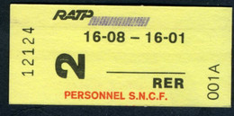 Ticket De Métro Paris - SNCF-RATP - Personnel SNCF - 2ème C - Section 16-08 - 16-01 - RER - Type 001 A - Peu Courant - Europa