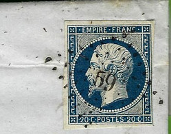 1855 LETTRE AVEC CORRESPONDANCE TIMBRE EMPIRE Non Dentelé Petis Chiffres 59  AMBERT Puy De Dome Pour Renier à Flers Orne - 1849-1876: Periodo Classico