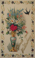 Flower Foget Me Not  - Embossed Vase With Flowers Incl. Silk And Swallow NL Ca 1900 - Blumen