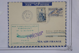 AH4 FRANCE  BELLE LETTRE   1954  IER VOL TURBO  PARIS HAMBURG STOCKHOLM +AIR FRANCE++AEROPHILATELIE+AFF. PLAISANT - 1960-.... Covers & Documents
