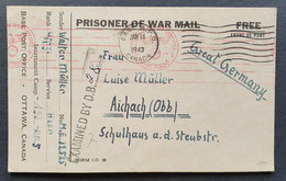 Kanada 1943, Prisoner Of War Mail, Gelaufen Aichach - Deutsche Zensur - Postkarte - Storia Postale