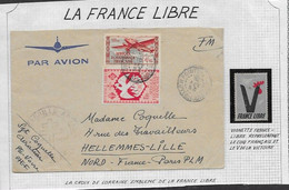 A.E.F. Timbre Sur Lettre Par Avion  Cachet Croix De Lorraine + 1 Vignette France Libre - Covers & Documents