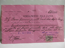Italy Italia VERSAMENTO ALLA CASSA Banca Cooperativa Savoia SUZZARA 1915 - Cheques & Traveler's Cheques