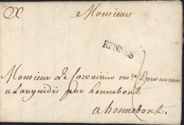 Ille Et Vilaine 35 Bretagne Marque Postale Rennes Noire Lenain 20x4mm Incurvée ? 29 JUIN 1748 Pour Hennebont Taxe 2 - 1701-1800: Voorlopers XVIII