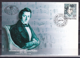 Yugoslavia 1999 150 Years Since The Death Of Frederic Chopin Music Piano FDC - Lettres & Documents