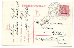 BELGIQUE - ZIVILARBEITERPOSTKARTE D'ANGRE + CENSURE, 1918 - Armée Allemande