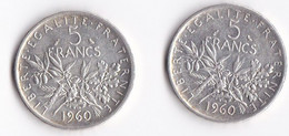 LOT DE 2 PIECES " 5 FRANCS SEMEUSE EN ARGENT"  1960 - J. 5 Francs