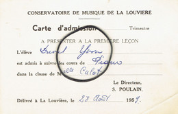 Carte D'admission Au Conservatoire De Musique De La Louvière (1959, Directeur Simon Poulain) - Sin Clasificación