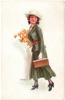 Illustrateur : USABAL : Femme à Chapeau Tenant Une Valise Et Bouquet De Fleurs : Mode Fashion : édition - Erkal N° 316/3 - Usabal