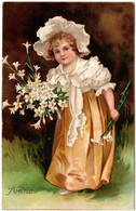 Enfant : Petite Fille Cueillant Des Fleurs : Amitié : Carte Gaufrée : 1906 : Illustrateur à Identifier - Scenes & Landscapes
