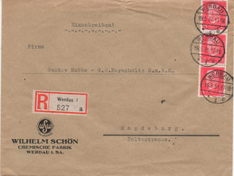 Einschreiben, Werdau I. Sa., "Chemische Fabrik", MeF, Gel. 1931, Ankunftstempel: "Magdeburg /Sudenburg 1" - Cartas