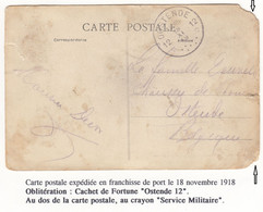 OSTENDE 12   OBLITERATION DE FORTUNE DU 18 NOVEMBRE 1918  ( BONNE DATE, DOCUMENT FATIGUE) - Fortune Cancels (1919)