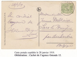 OSTENDE 12   OBLITERATION DE FORTUNE DU 28 JANVIER 1919  VERS SARS-LA-BRUYERE - Fortune Cancels (1919)