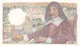 Billet De 100 Francs DESCARTES Du 7 Janvier 1943 état Et Date RARE !!  Alphabet S 58 N° 09677 N° Fayette : F 27 / 3 - 100 F 1942-1944 ''Descartes''