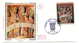 1973 -- FDC Soie --Eglise St Austremoine --Chapiteau De La Cène -  Cachet  ISSOIRE -63 ............à Saisir - 1970-1979