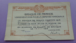 1915 VERSEMENT OR POUR LA DEFENSE NATIONALE SURCHARGE TIMBRE SEC MERCURE BANQUE DE FRANCE NICE - Other & Unclassified