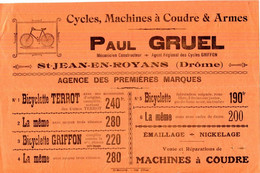 26.DROME.SAINT JEAN EN ROYANS.PROSPECTUS.CYCLES.MACHINES A COUDRE & ARMES.PAUL GRUEL MECANICIEN CONSTRUCTEUR. - Non Classés