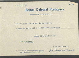 Receipt - Recibo * Portugal * Lisbon * 1925 * BANCO COLONIAL PORTUGUEZ - Portugal